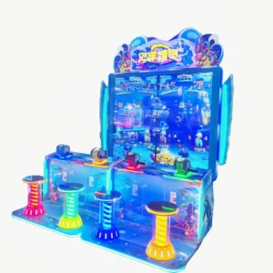 Kuliku Aqua Spirit kids fishing arcade game with vibrant underwater visuals, size 86.6" × 86.6" × 98.4"
