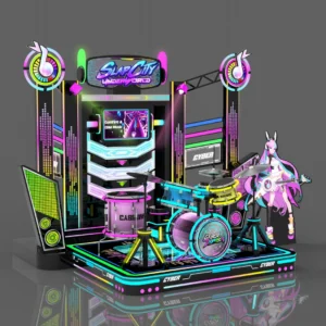 Kuliku dual-screen rhythm drum arcade game with selectable songs and difficulty levels, 256 × 320 × 242 cm