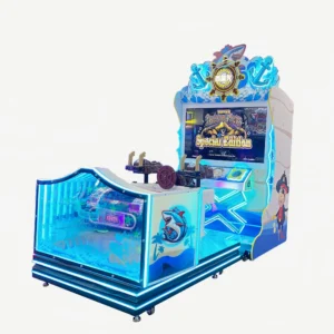 Kuliku Bermuda coin-operated shooting arcade machine with gun handle controller, size 137 × 239 × 265 cm (53.9 × 94.1 × 104.3 inches)