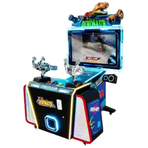 Kuliku Dino Battle kids shooting arcade game with interactive gun controls, size 50.4" × 46.1" × 72.8"