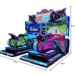 Full-motion motorcycle racing arcade with immersive design and realistic controls