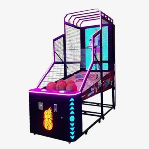 Kuliku LCD basketball arcade machine with 55-inch display, LED scoreboard, smart coin acceptor, size 100 × 250 × 257 cm (39.4 × 98.4 × 101.2 inches)