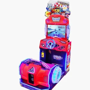 Kuliku Lightning Racer kids arcade machine with coin-operated realistic driving, available in motion and static versions for family fun