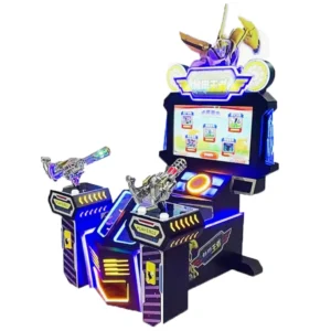 Kuliku Mech King kids shooting arcade game with 32” HD screen, multi-scene gameplay, reward cards, and prize wheel, size 47.2" × 45.3" × 65.4"