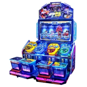 Kuliku Mech Racer arcade racing game with steering wheel controls, character selection, and power-ups, size 76.8" × 76.8" × 104.3"