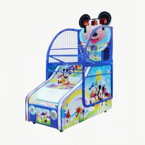 Kuliku Mickey Basketball Arcade Game with heavy-duty metal frame, wooden backboard, and LED scoring display, size 59.1" × 33.9" × 72.8"