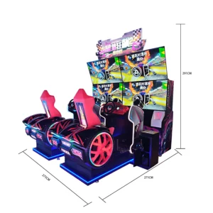 Kuliku quad-screen motion racing arcade machine with 55-inch HD display, RGB LED lighting, and realistic steering wheel