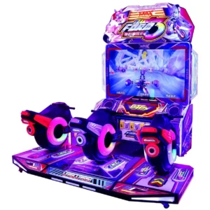 Kuliku transforming motorcycle arcade game with LED lighting and 42-inch HD LCD display, size 86.6" × 90.6" × 100.4"