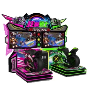 Full-motion motorcycle racing arcade machine with 55-inch HD display and immersive design