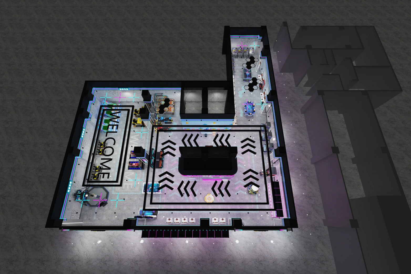 Modern arcade venue layout design with neon lighting, claw machines, redemption games, and central seating area by Kuliku