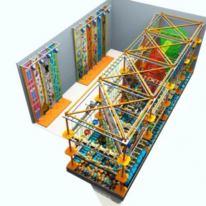Commercial multi-level ropes course with foam pit, themed climbing wall, net mazes, and sky bike for family entertainment centers