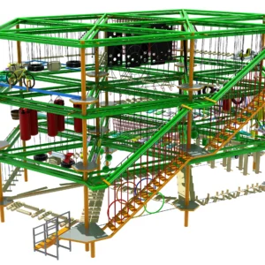 Bespoke jungle-themed multi-level ropes course with green steel frame, punch bag obstacles, bike balance zones for commercial indoor playgrounds (custom design)