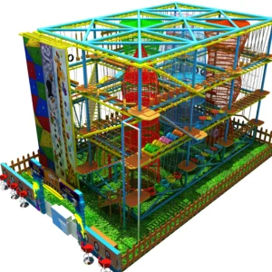 4-story cube-shaped ropes course with net maze, giraffe climbing wall, and fence for kids FECs and outdoor adventure parks