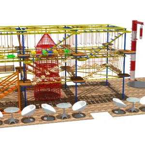 Commercial dual-level indoor ropes course with red net tower, balance bridges, and interactive game area for family entertainment centers