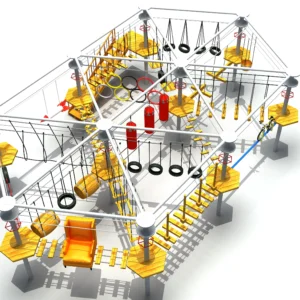 2-level hexagonal commercial indoor ropes course with aerial obstacles, balance bridges, and climbing challenges for FECs and adventure parks