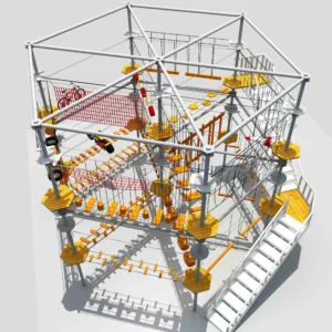 Commercial hexagonal ropes course with bike/motorcycle obstacles, net mazes, and aerial challenges for family entertainment centers