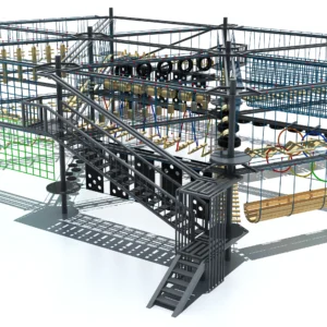 Commercial high-capacity multi-level ropes course with green netting, balance bridges, and stair access for family entertainment centers