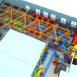Comprehensive large indoor adventure park design featuring multi-level ropes course, trampoline park, ball pit, and soft play area for family entertainment centers