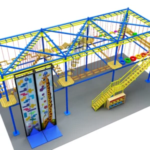 Commercial large indoor ropes course with giraffe theme climbing wall, aerial obstacles, and balance bridges for family entertainment centers