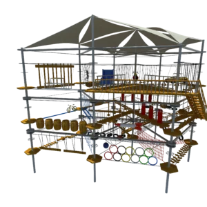 3-level commercial ropes course with tensile shade canopy, aerial obstacles, and sky bike for indoor/outdoor adventure parks