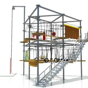 3-story commercial indoor ropes course with climbing wall, zip line, and aerial obstacles for family entertainment centers