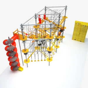 3-level commercial indoor ropes course with red spiral slide, climbing wall, and aerial obstacles for family entertainment centers