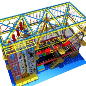 Commercial multi-level ropes course with trampoline, giraffe climbing wall, net mazes, and obstacles for family entertainment centers