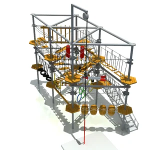 3-level commercial indoor ropes course with zip line, sky bike, tire obstacles, and barrel challenges for family entertainment centers