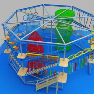 Commercial octagonal indoor ropes course with net maze, colorful obstacles, and balance bridges for kids family entertainment centers