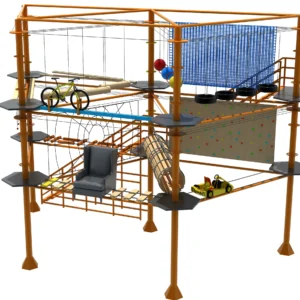 Commercial orange frame multi-level ropes course with sky bike, race car, barrel tunnel, and climbing wall for family entertainment centers