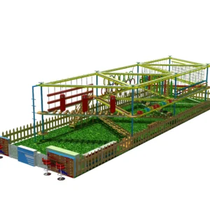 Commercial rectangular ropes course with fence, aerial obstacles, and grass base for outdoor parks, FECs, and family entertainment centers
