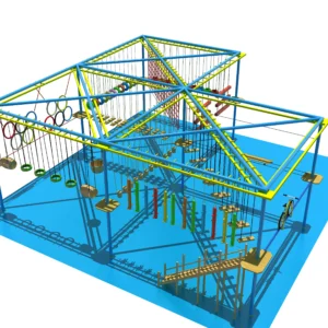 Commercial square frame indoor ropes course with 3 levels of aerial obstacles, colorful ring challenges, and sky bike for family entertainment centers