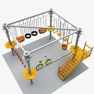 Commercial triangular frame ropes course with sky bike, barrel obstacles, tire swings, and stair access for family entertainment centers