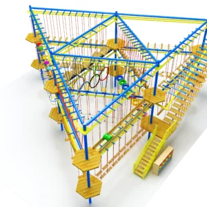 Large triangular indoor ropes course with 3 levels of aerial obstacles, balance bridges, and climbing challenges for family entertainment centers