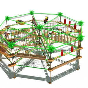 Commercial tropical-themed octagonal ropes course with palm trees, car/motorcycle obstacles, and aerial challenges for family entertainment centers