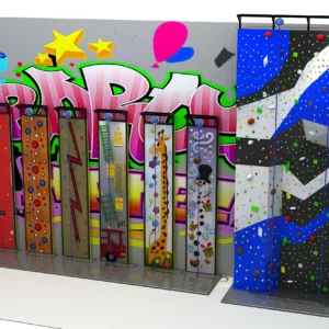 Commercial 10-lane graffiti-style kids climbing wall with 10 fun themes for indoor playgrounds and FECs