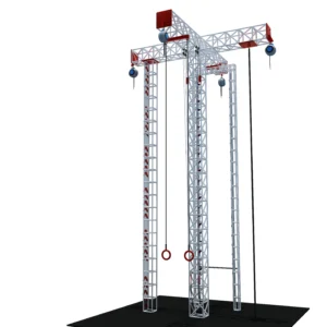 Commercial 3-column truss adventure tower with gymnastic rings, climbing ladders, and zip lines for indoor FECs