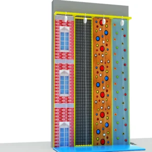 Commercial 4-lane kids climbing wall with brick/grid/dot/geometric themes for indoor playgrounds and FECs