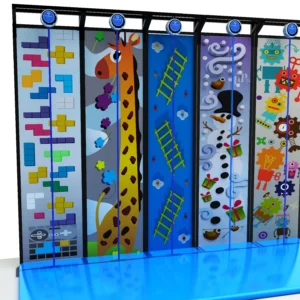 Commercial 5-lane race-style kids climbing wall with Tetris/giraffe/snowman/monster themes for indoor playgrounds and FECs