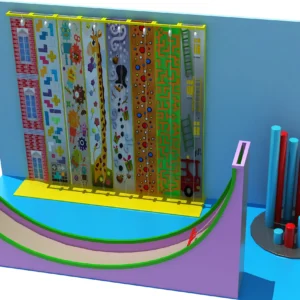 Commercial 8-lane kids climbing wall with U-shaped slide, fitness posts, and 8 themed tracks for indoor FECs