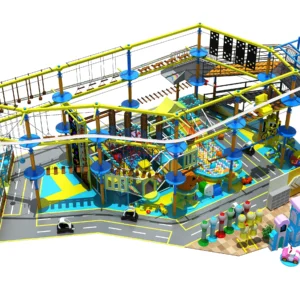 Commercial all-in-one indoor adventure park with ropes course, zipline, trampoline, ball pit, and car town for family entertainment centers
