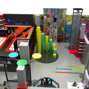 Commercial all-in-one indoor kids adventure playground with climbing walls, obstacle course, and fitness equipment for FECs