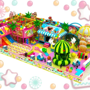 Commercial candy-fruit themed indoor playground with soft play, ball pit, cartoon zones for malls & activity centers