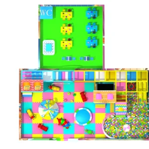 Commercial candy-themed indoor soft play floor plan with rest area, kids playground layout for malls