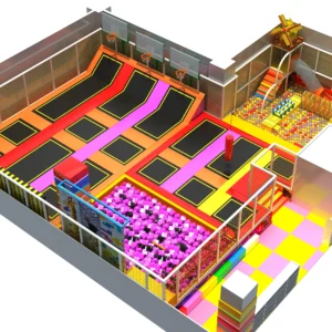 Commercial colorful trampoline park with toddler soft play, foam pit & dunk zones for family malls & FECs
