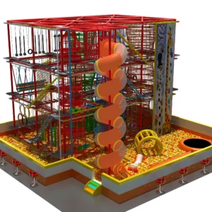 Commercial cube-shaped ropes course with spiral slide, ball pit, net mazes, and climbing wall for kids family entertainment centers