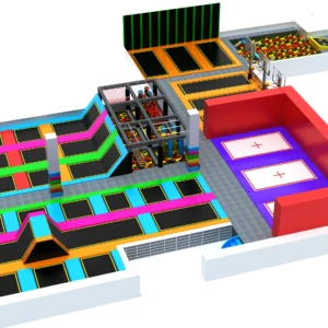 Commercial custom trampoline park with neon colors, multi-level trampolines & foam pit for adventure parks