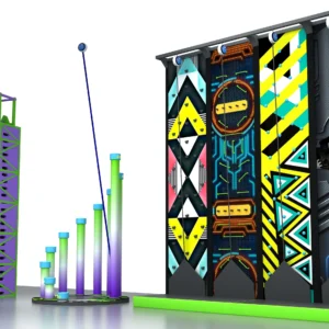 Commercial cyber-neon 4-lane climbing wall with vertical tower, fitness posts for indoor FECs and teen adventure parks
