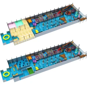 Commercial dual-configurable adventure park with rope course, trampolines & foam pit for malls & long venues