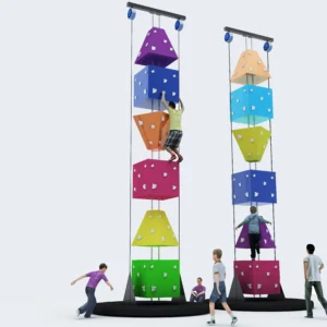 Commercial dual-lane 3D cube kids climbing tower with auto-belay for indoor playgrounds and FECs